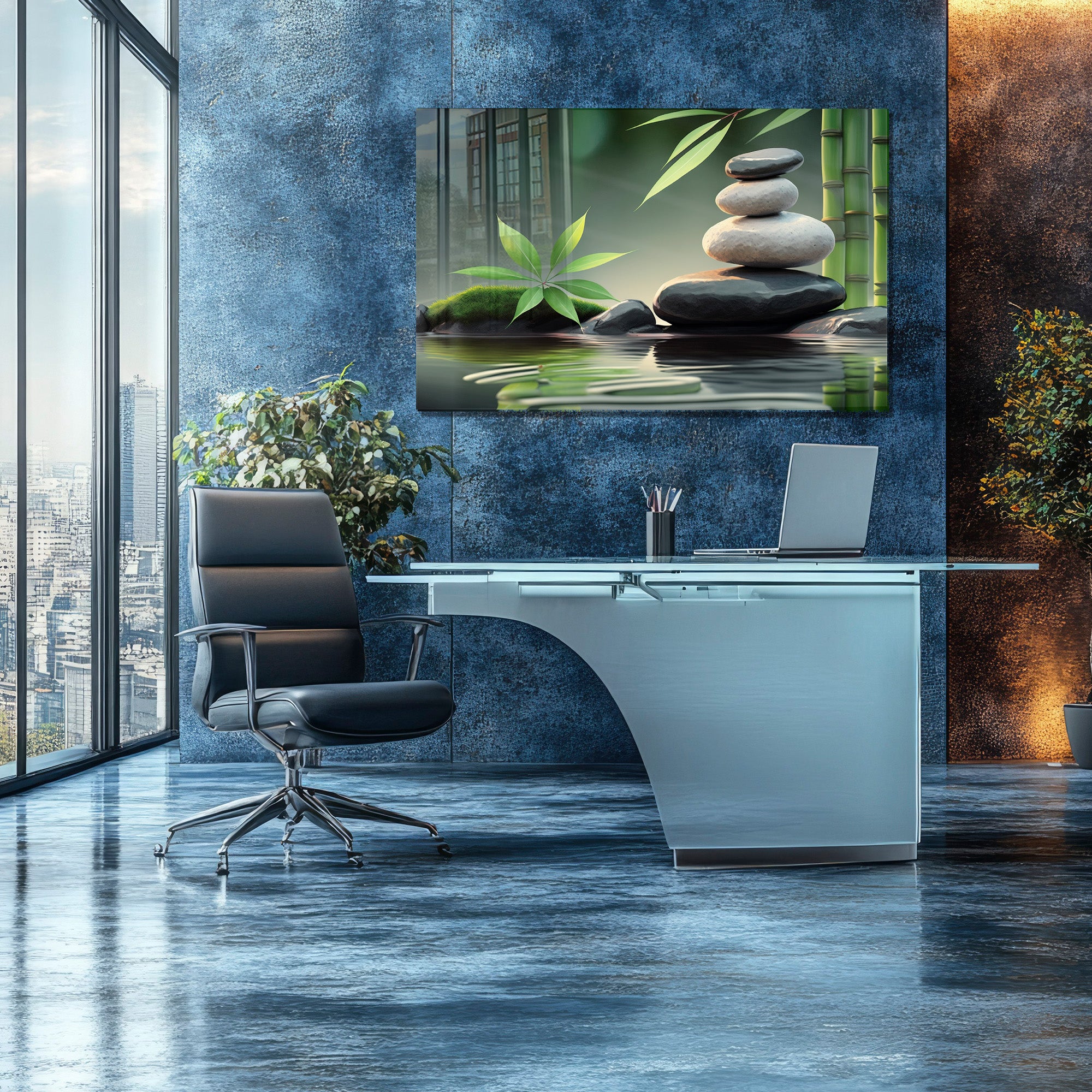 Temperli Cam Duvar Tablosu – Bambu ve Denge Taşları Huzur Temalı Modern Dekor