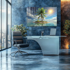 Tropik Ada Manzara Temperli Cam Duvar Tablosu – Modern Deniz ve Palmiye Dekoru