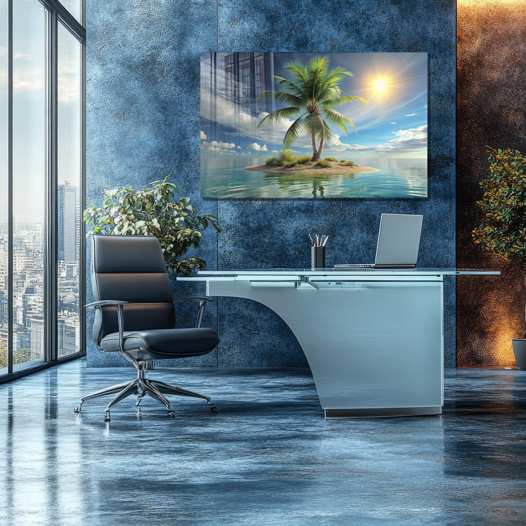 Tropik Ada Manzara Temperli Cam Duvar Tablosu – Modern Deniz ve Palmiye Dekoru