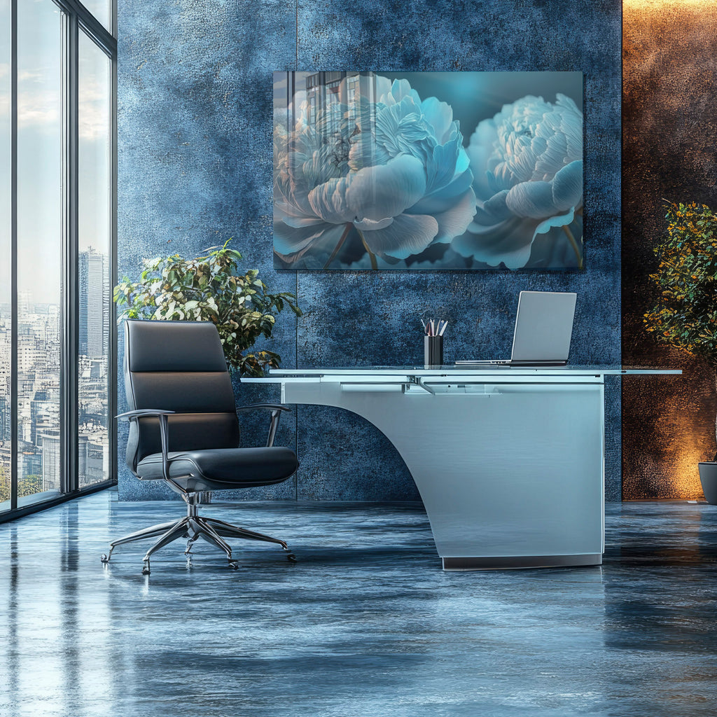 Temperli Cam Duvar Tablosu – Mavi Çiçek Dekor