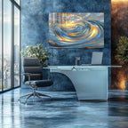 Temperli Cam Duvar Tablosu – Mavi ve Altın Akışkan Dalga Soyut Dekor