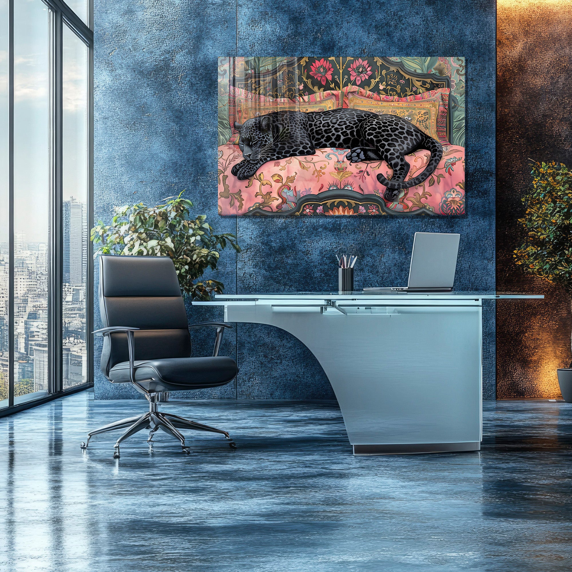 Temperli Cam Leopar Duvar Tablosu – Modern Bohem Hayvan Temalı Dekor, Lüks Sanat Tasarımı