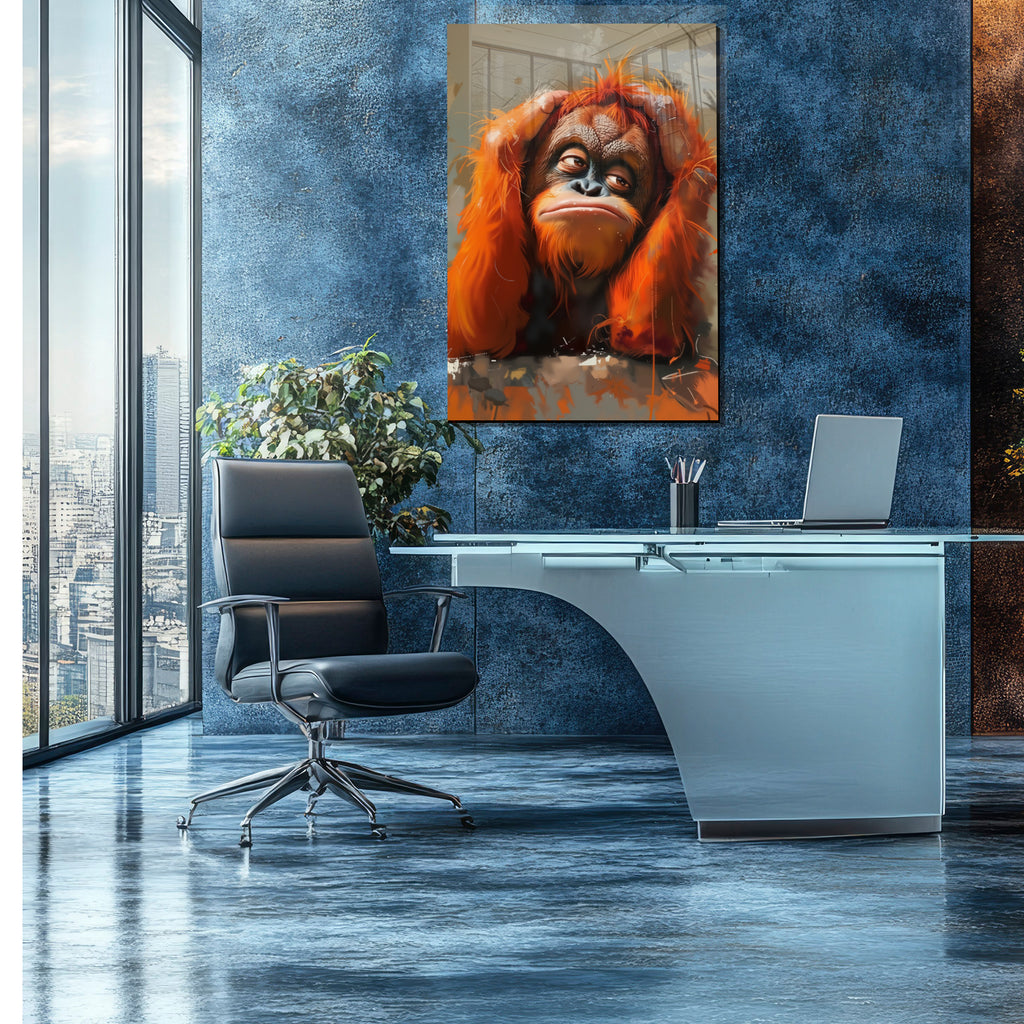 Turuncu Orangutan Temalı Temperli Cam Tablo – Modern Sanat & Mizahi Dekor