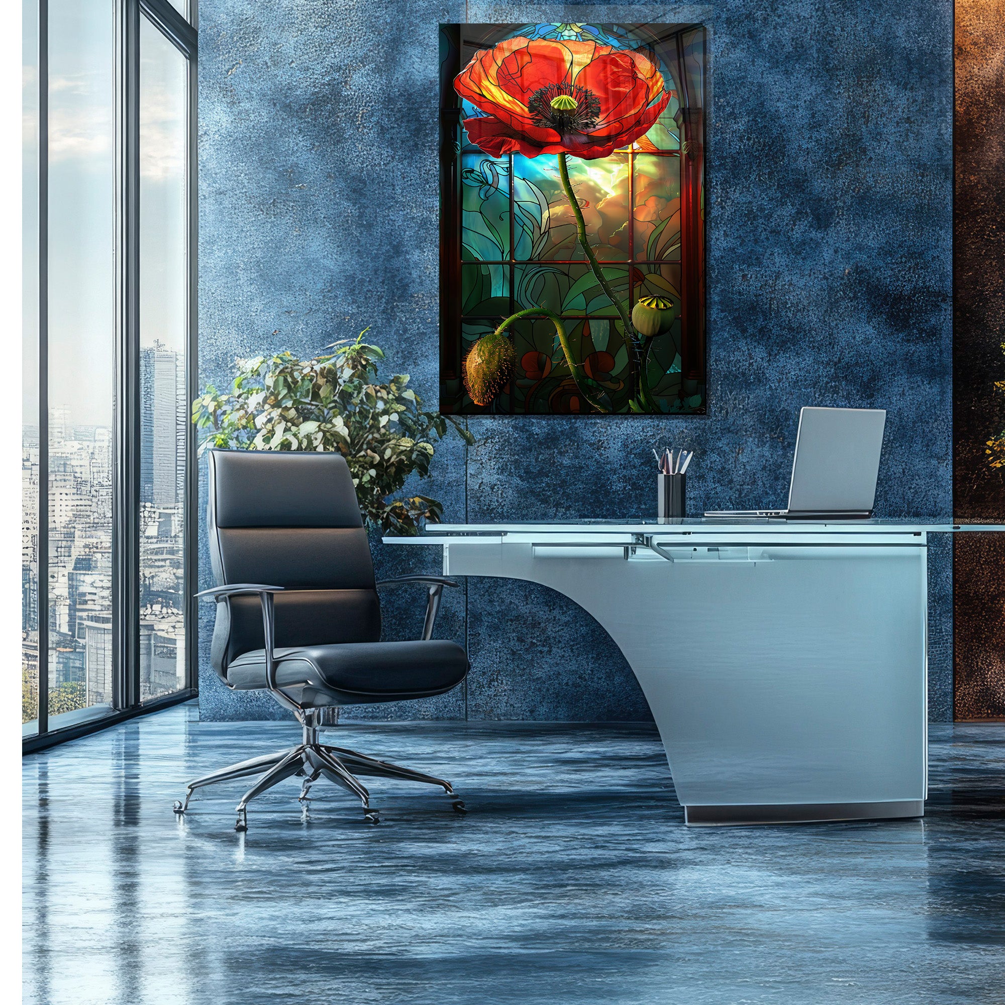 Temperli Cam Duvar Tablosu – Vitray Temalı Gelincik Çiçeği Cam Tablo