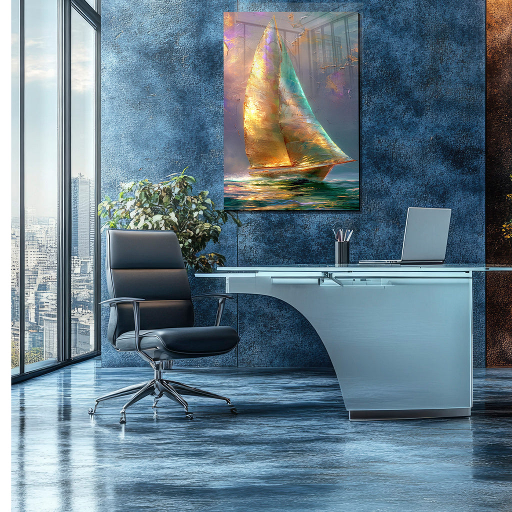 Temperli Cam Yelkenli Duvar Tablosu – Modern Deniz Temalı Dekor, Altın Işıltılı Soyut Deniz Manzarası