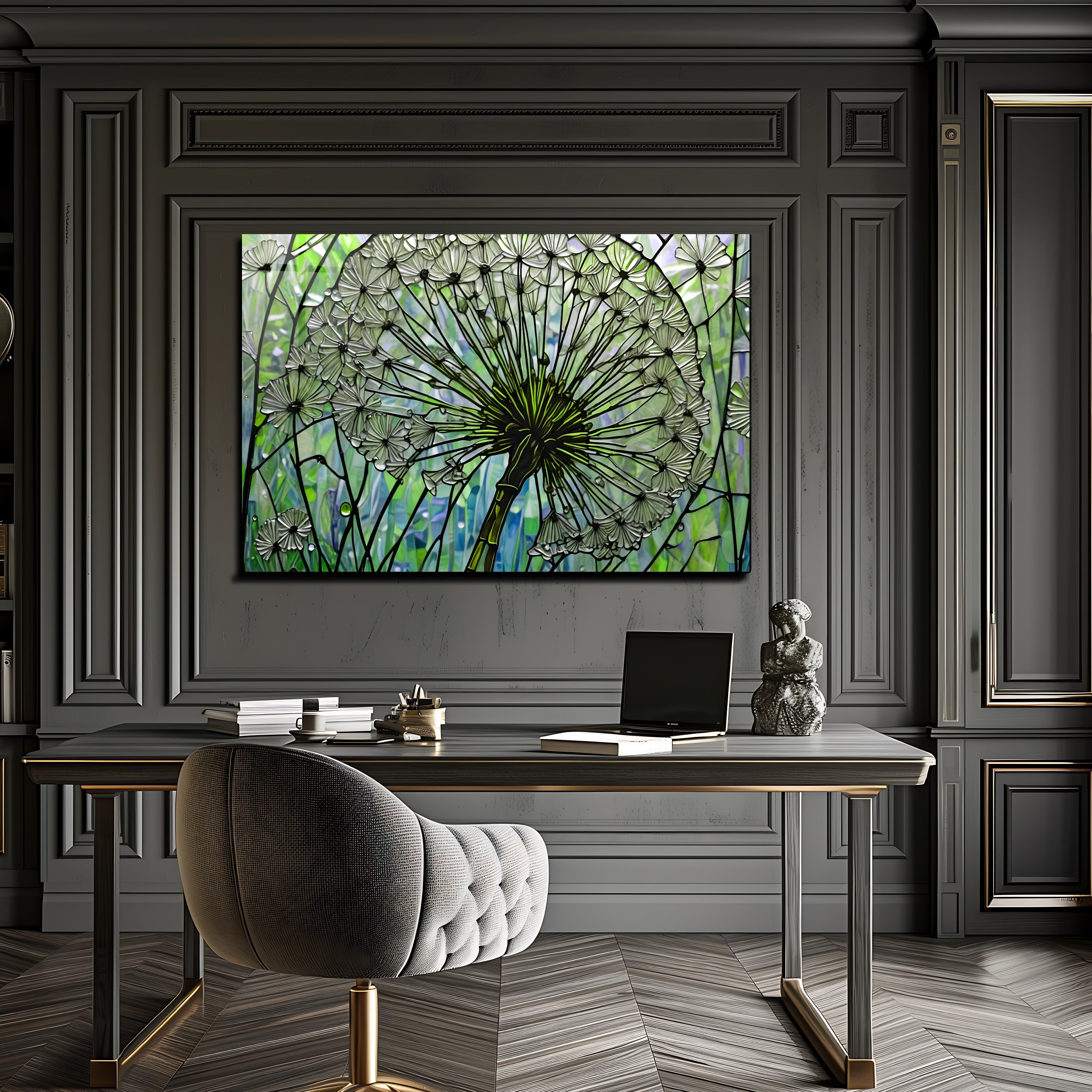 Kara Hindibağ Temalı Vitray Görünümlü Temperli Cam Tablo – Renkli Doğa Duvar Dekoru