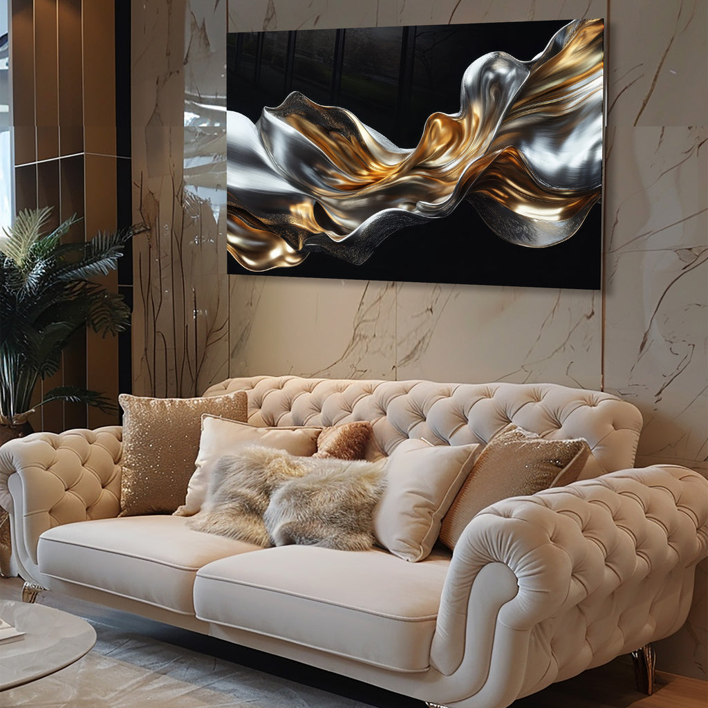 Silver Metallic Abstract Tempered Glass Painting, Modern 3D Wall Decor, Stylish and Luxury Glass Artwork