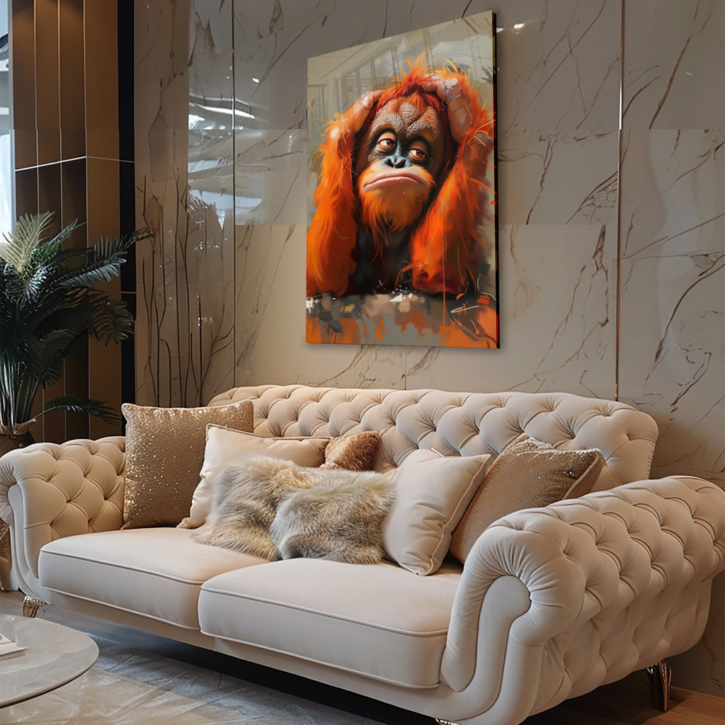 Turuncu Orangutan Temalı Temperli Cam Tablo – Modern Sanat & Mizahi Dekor