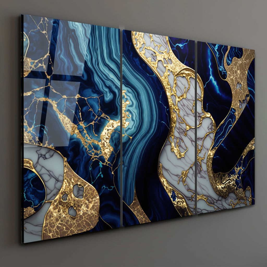 Mavi Mermer Soyut Temperlenmiş Cam Tablo, Modern 3D Duvar Dekoru, Şık ve Lüks Cam Sanat Eseri
