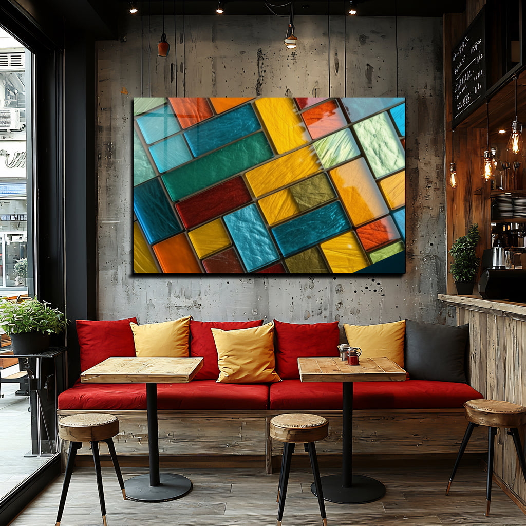 Diagonal Dörtgenler Vitray Görünümlü Temperli Cam Tablo – Renkli Doğa Duvar Dekoru