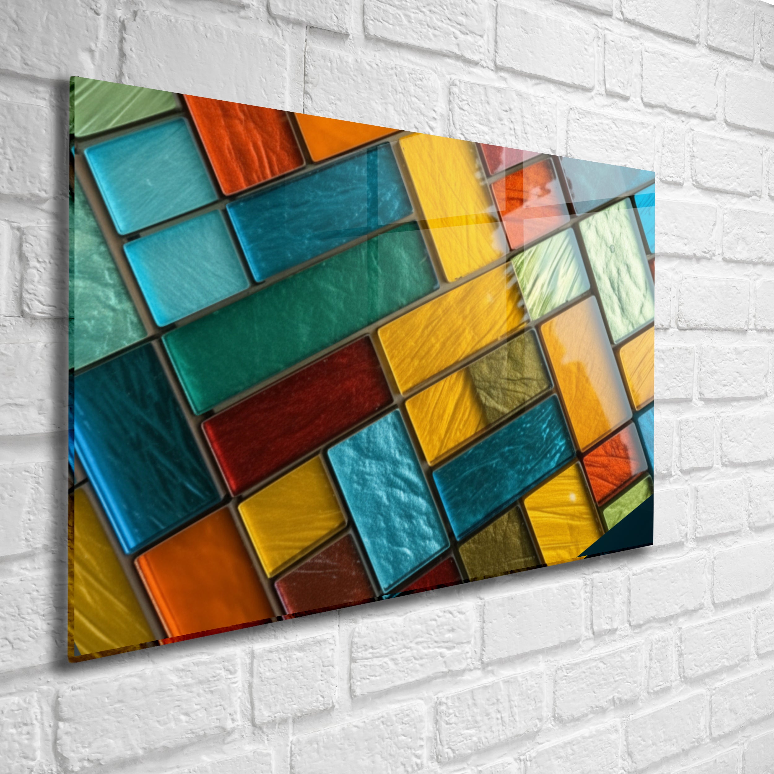 Diagonal Dörtgenler Vitray Görünümlü Temperli Cam Tablo – Renkli Doğa Duvar Dekoru