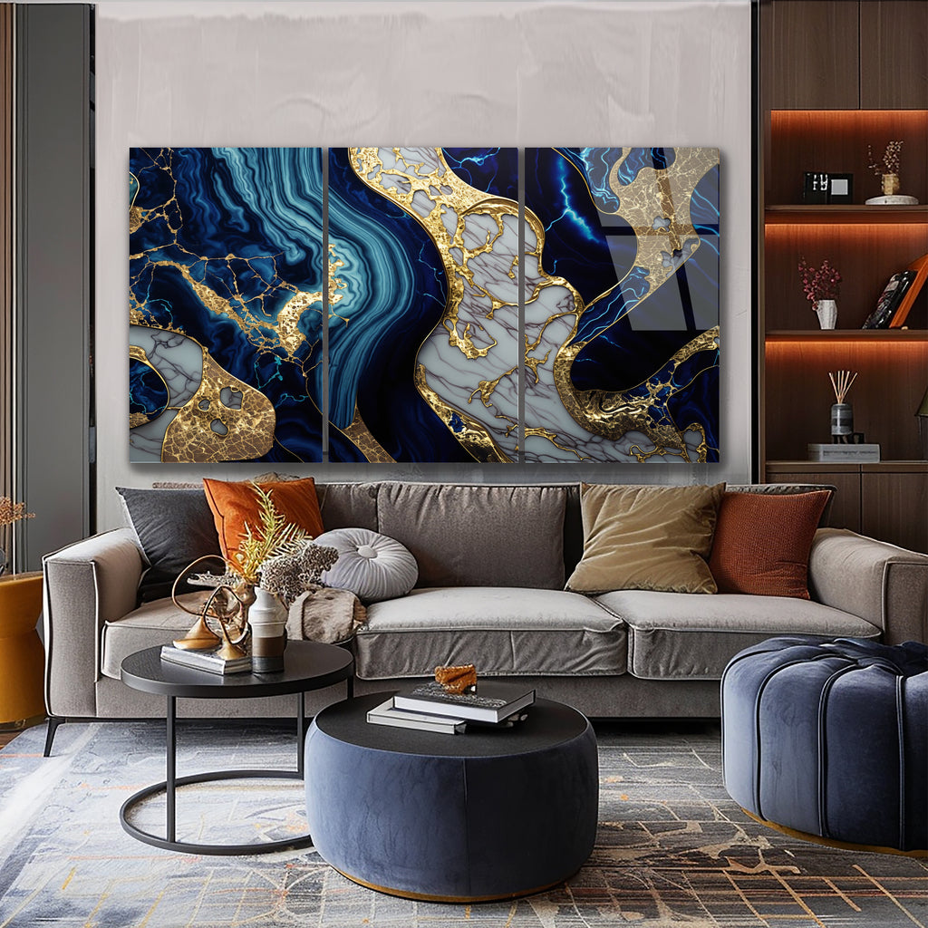 Mavi Mermer Soyut Temperlenmiş Cam Tablo, Modern 3D Duvar Dekoru, Şık ve Lüks Cam Sanat Eseri