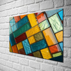 Diagonal Dörtgenler Vitray Görünümlü Temperli Cam Tablo – Renkli Doğa Duvar Dekoru