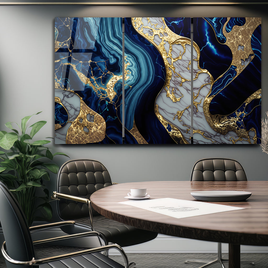 Mavi Mermer Soyut Temperlenmiş Cam Tablo, Modern 3D Duvar Dekoru, Şık ve Lüks Cam Sanat Eseri
