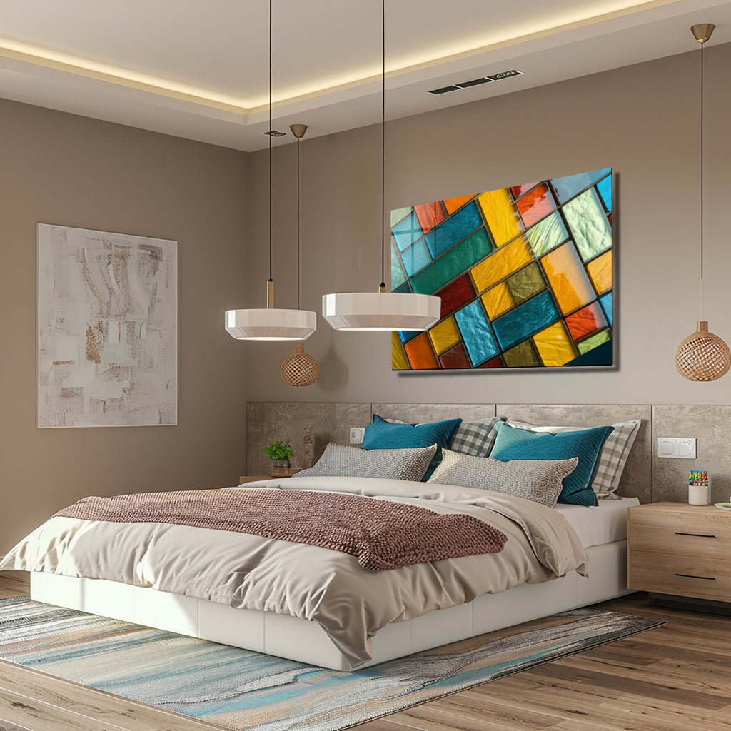 Diagonal Dörtgenler Vitray Görünümlü Temperli Cam Tablo – Renkli Doğa Duvar Dekoru