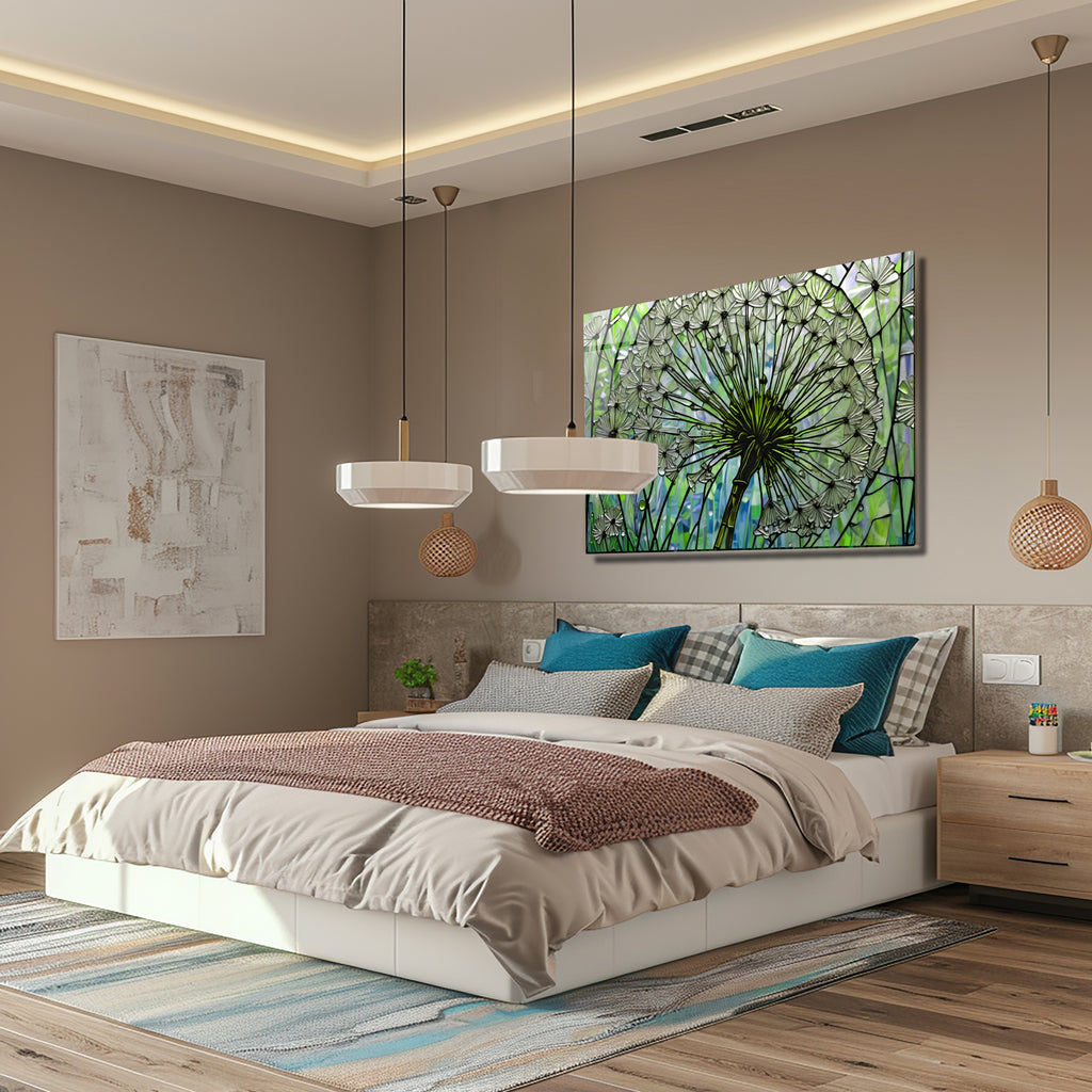 Kara Hindibağ Temalı Vitray Görünümlü Temperli Cam Tablo – Renkli Doğa Duvar Dekoru