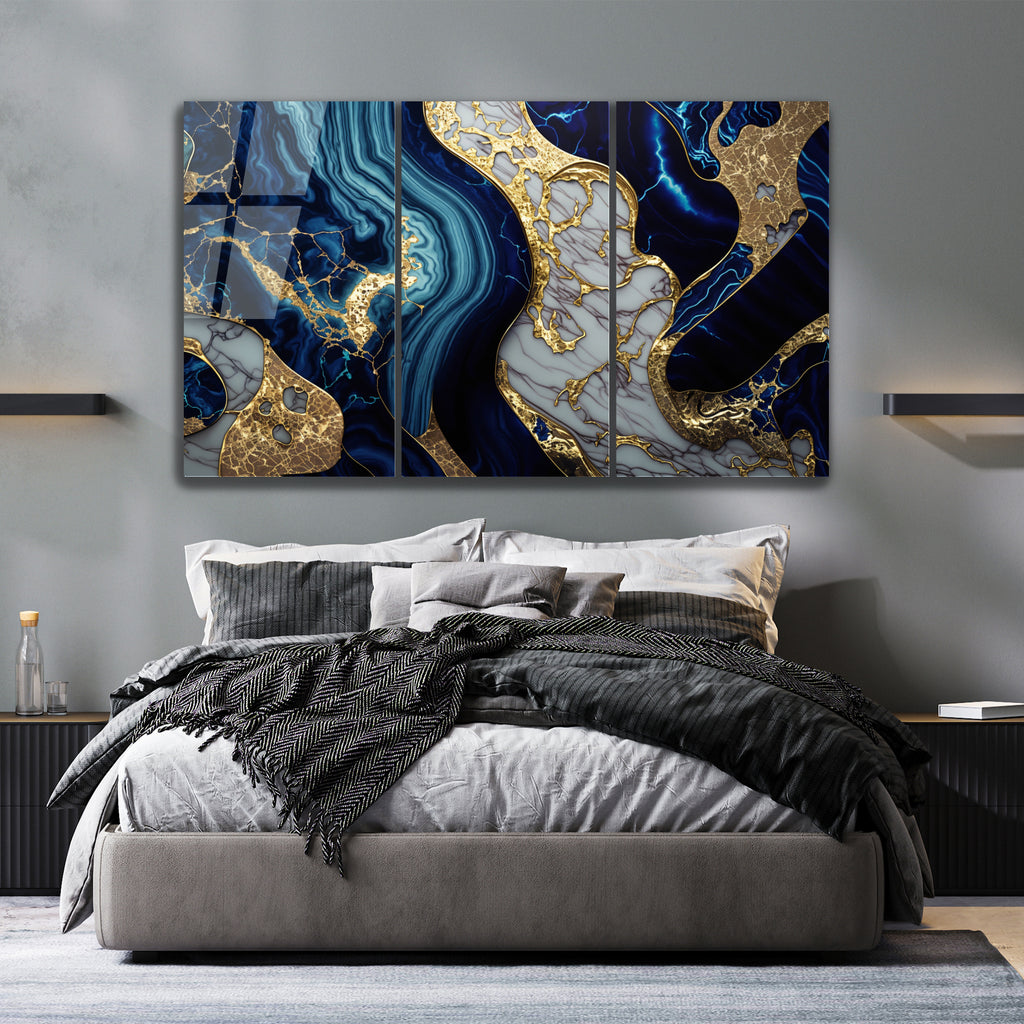 Mavi Mermer Soyut Temperlenmiş Cam Tablo, Modern 3D Duvar Dekoru, Şık ve Lüks Cam Sanat Eseri