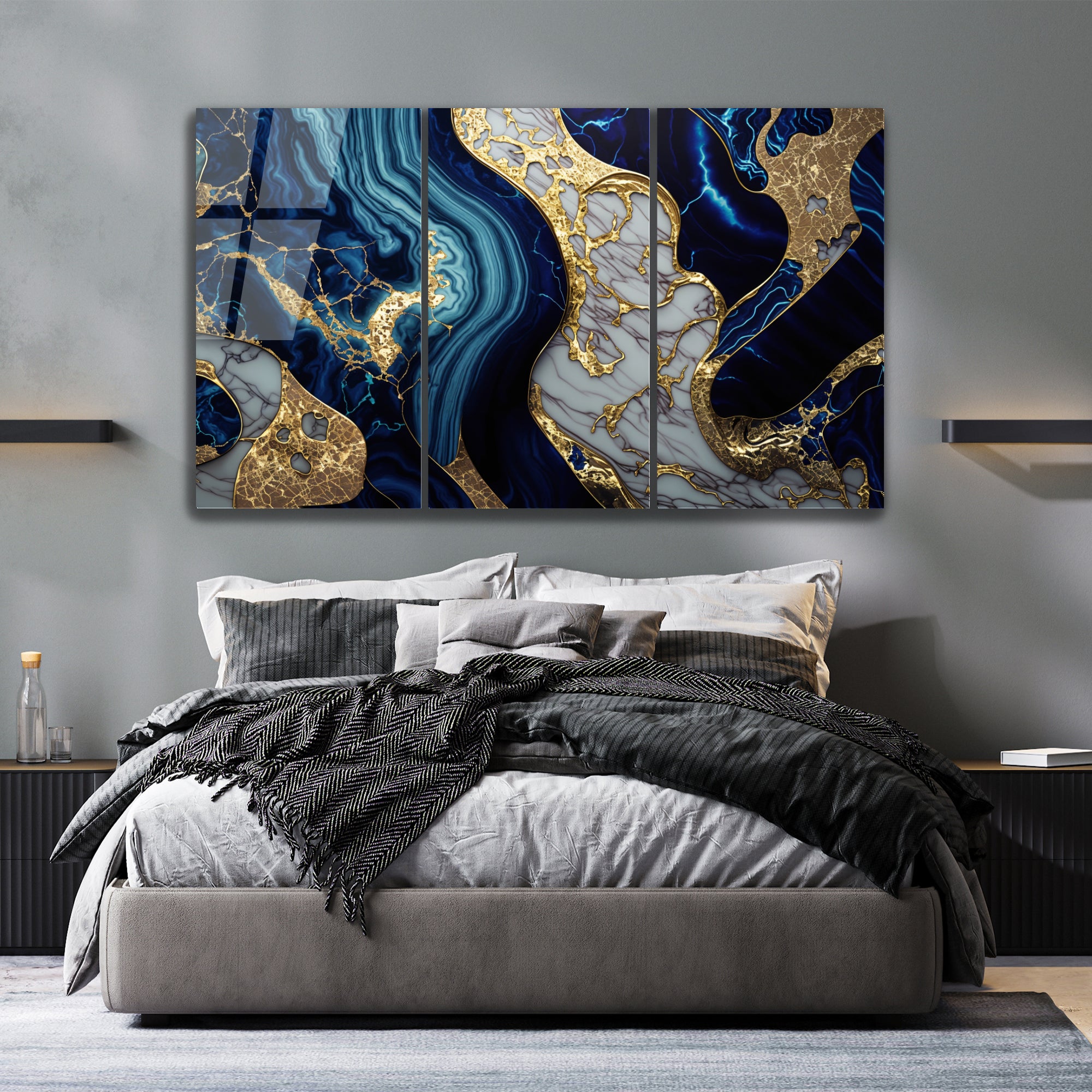 Mavi Mermer Soyut Temperlenmiş Cam Tablo, Modern 3D Duvar Dekoru, Şık ve Lüks Cam Sanat Eseri