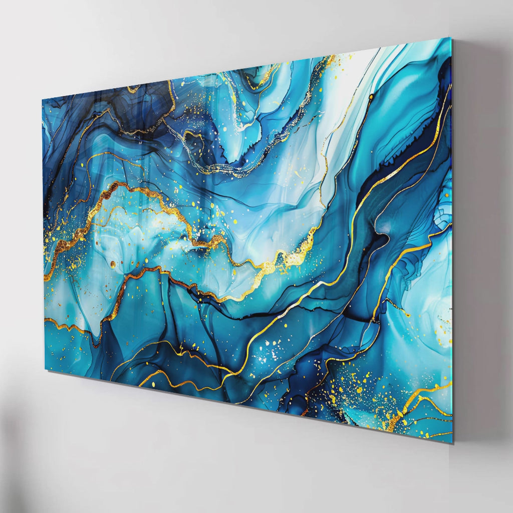 Tempered Glass Wall Art, Blue and Gold Marble Design, Luxury Abstract Modern Decor Panel