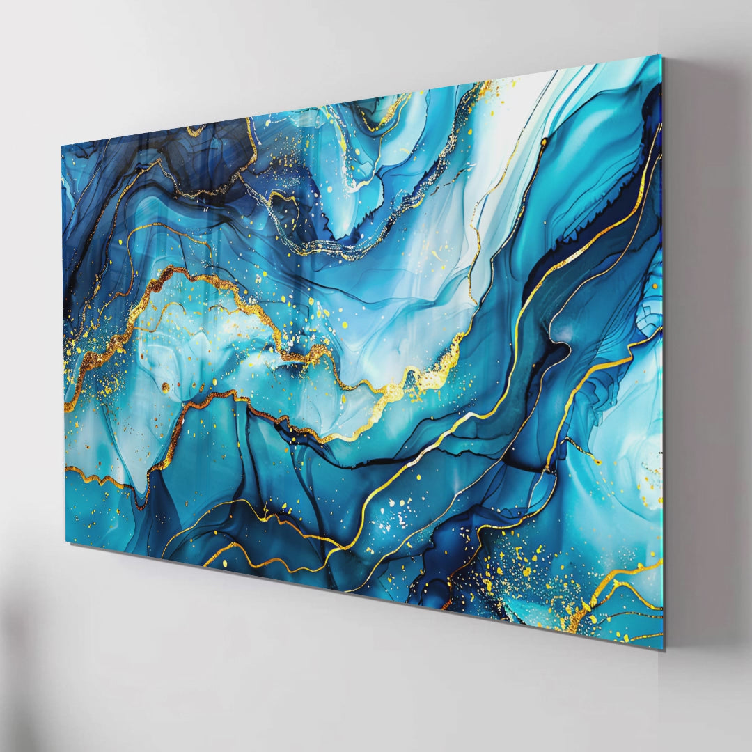 Tempered Glass Wall Art, Blue and Gold Marble Design, Luxury Abstract Modern Decor Panel