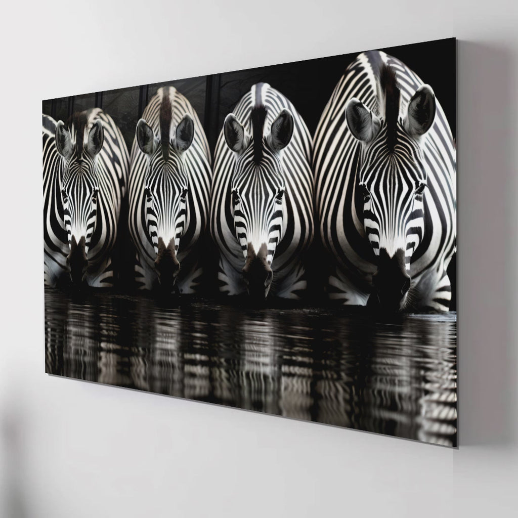 Zebra Reflections Wall Art – Monochrome Wildlife Print on Tempered Glass
