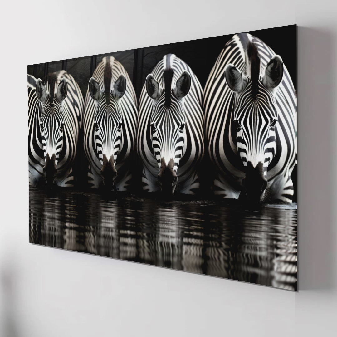 Zebra Reflections Wall Art – Monochrome Wildlife Print on Tempered Glass