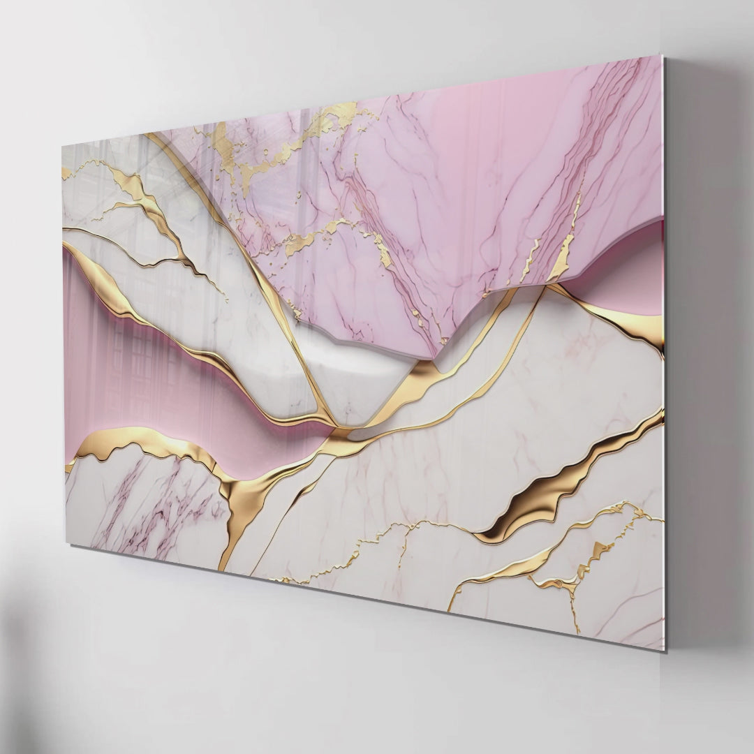 Pink Gold Marble Themed Tempered Glass Wall Art – Framed or Frameless - Luxury Glossy Panel -Stained Glass Wall Art - Marble Themed Glass Backsplash