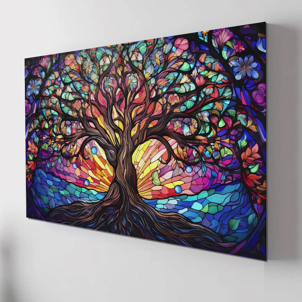 Ağaç Temalı Vitray Görünümlü Temperli Cam Tablo – Renkli Doğa Duvar Dekoru