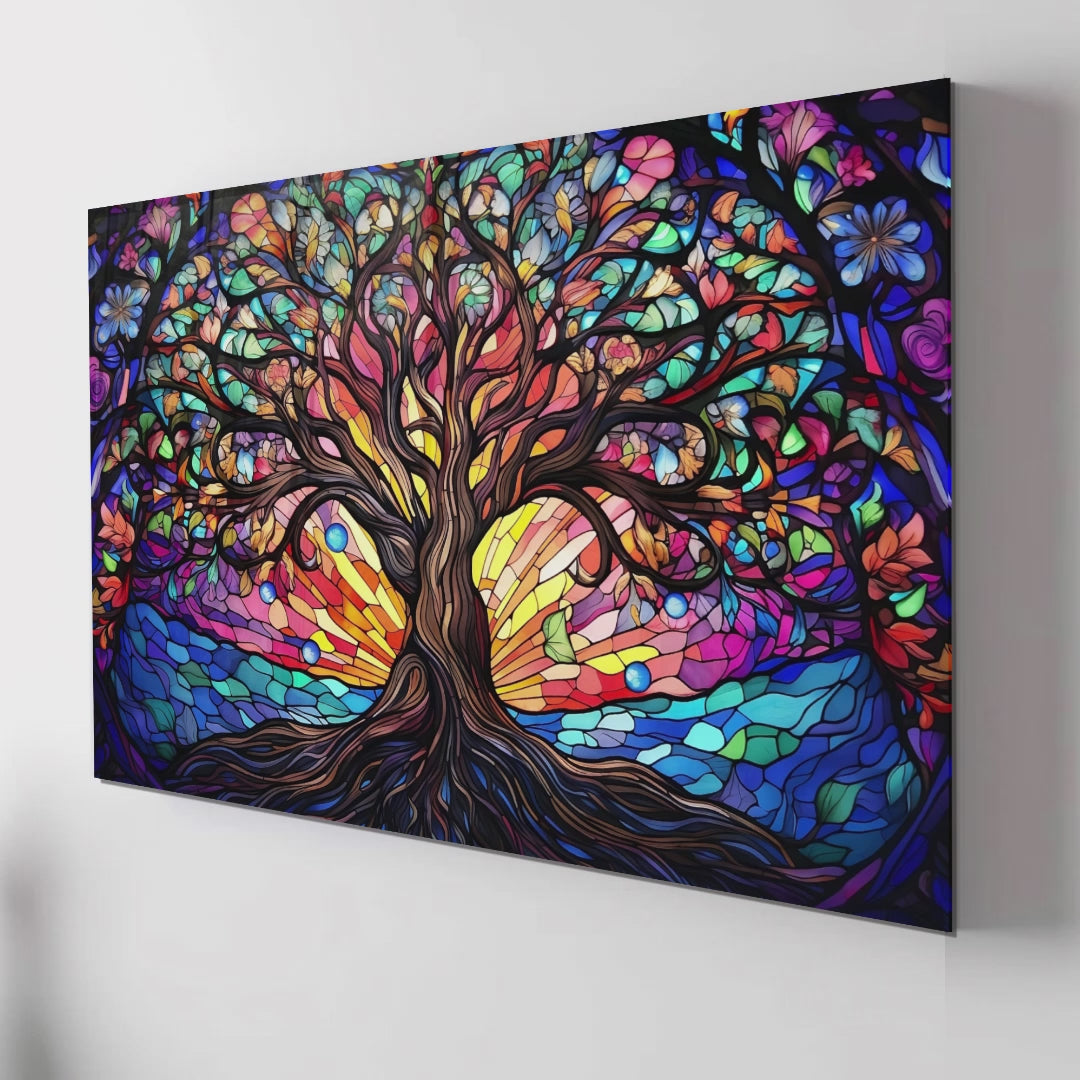 Ağaç Temalı Vitray Görünümlü Temperli Cam Tablo – Renkli Doğa Duvar Dekoru