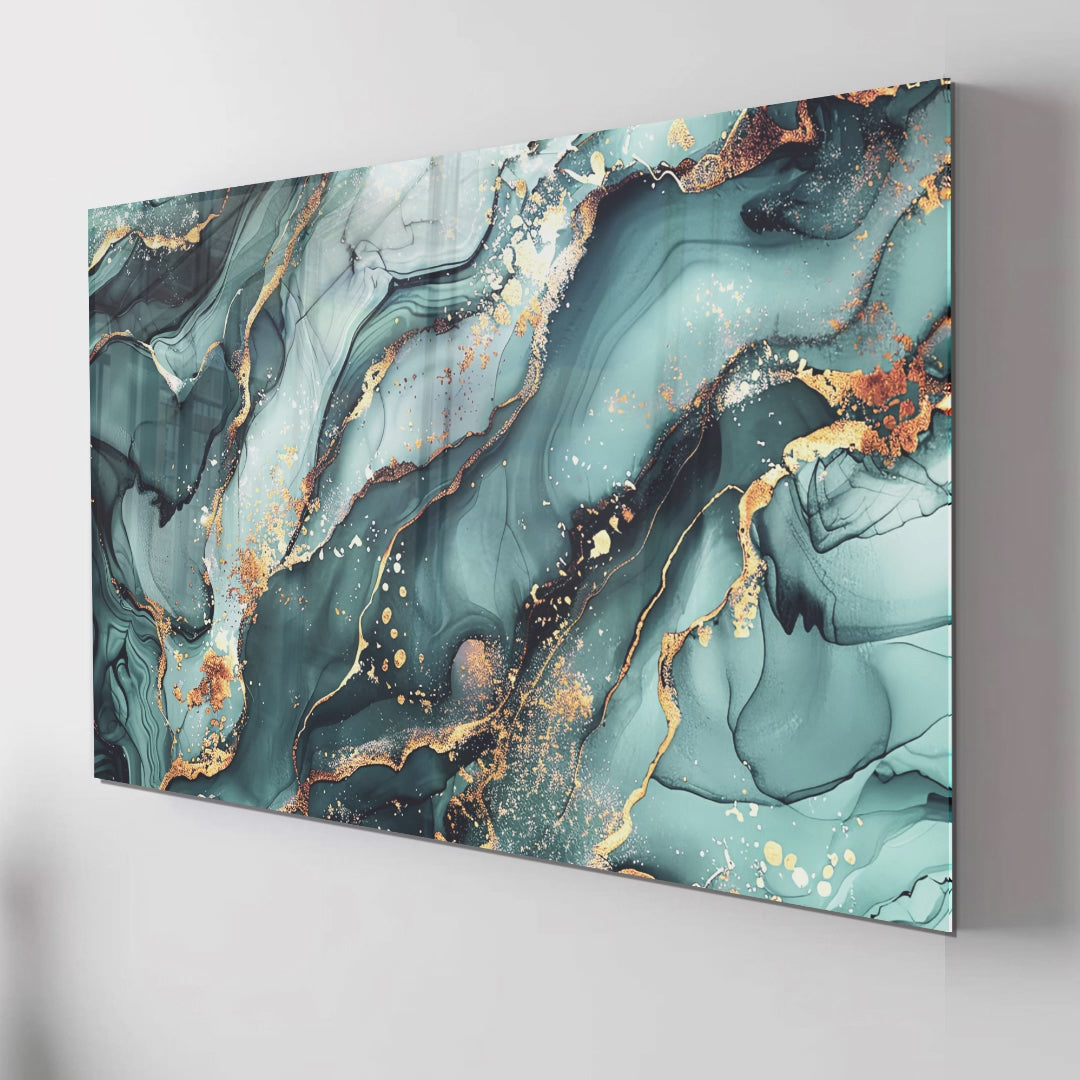 Green Gold Marble Themed Tempered Glass Wall Art – Framed or Frameless - Luxury Glossy Panel -Stained Glass Wall Art - Marble Themed Glass Backsplash (Copy)