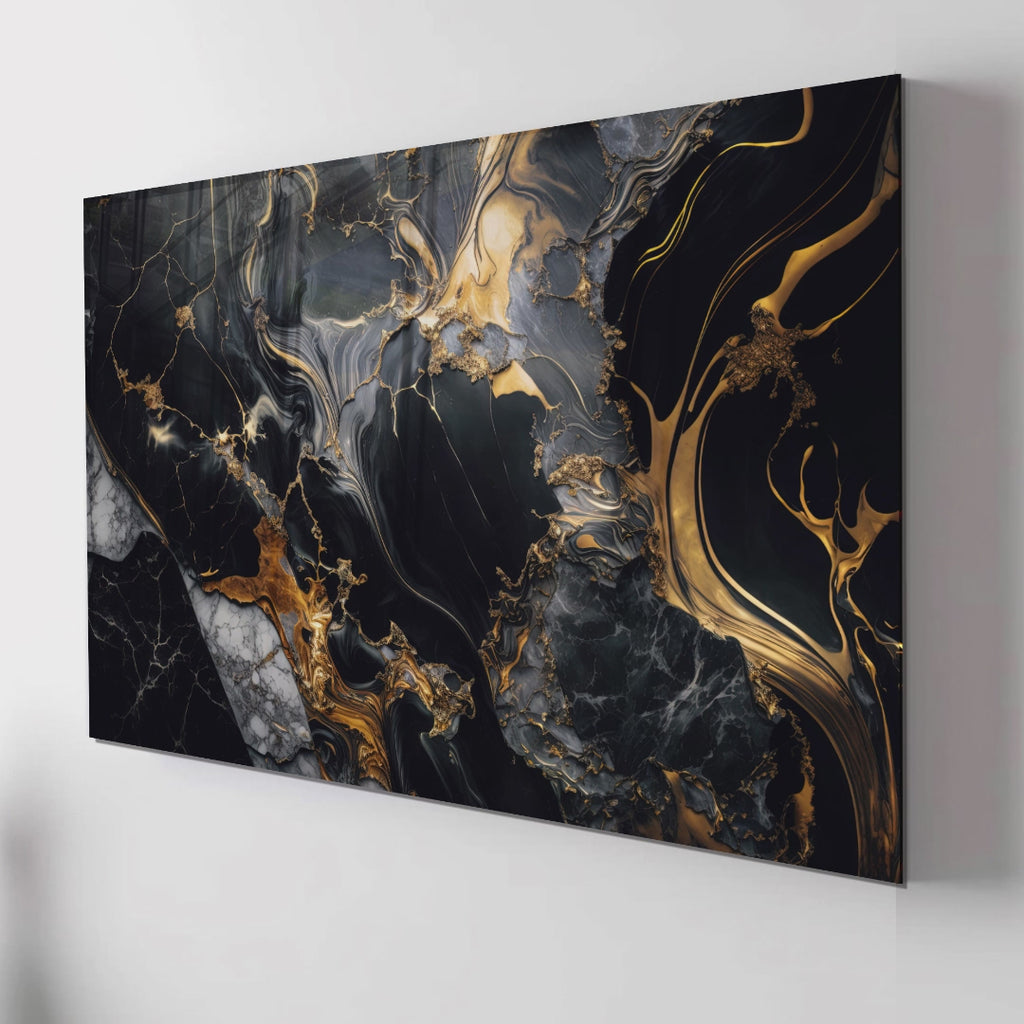 Black Gold Marble Themed Tempered Glass Wall Art – Framed or Frameless - Luxury Glossy Panel -Stained Glass Wall Art - Marble Themed Glass Backsplash