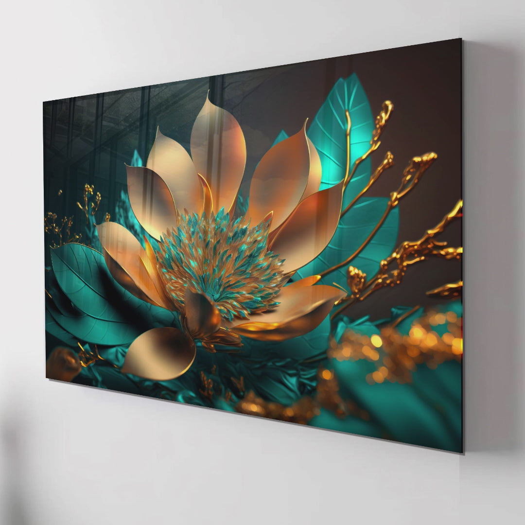 Golden Turquoise Flower Glass Wall Art – Luxury Floral Panel on Tempered Glass