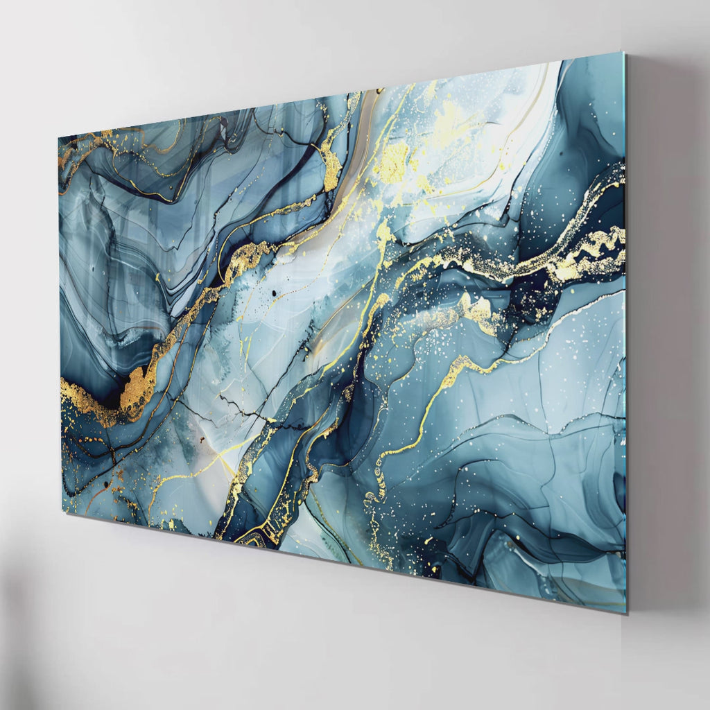 Blue Gold Marble Themed Tempered Glass Wall Art – Framed or Frameless - Luxury Glossy Panel -Stained Glass Wall Art - Marble Themed Glass Backsplash (Copy)