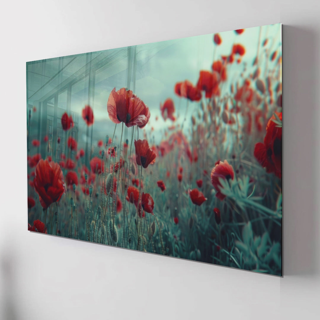 Poppy Flower Field Glass Wall Art – Botanical Nature Scene on Tempered Glass