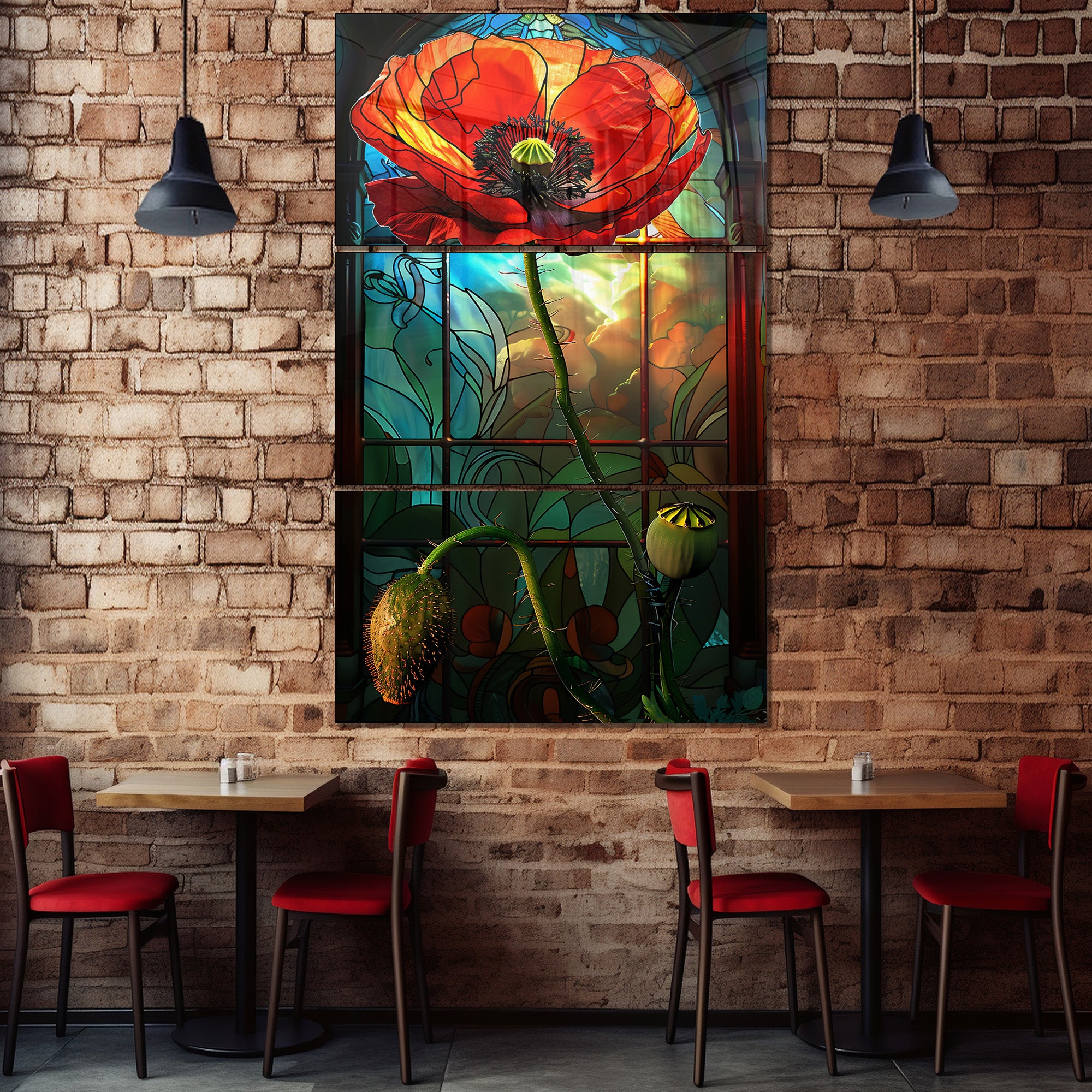 Temperli Cam Duvar Tablosu – Vitray Temalı Gelincik Çiçeği Cam Tablo