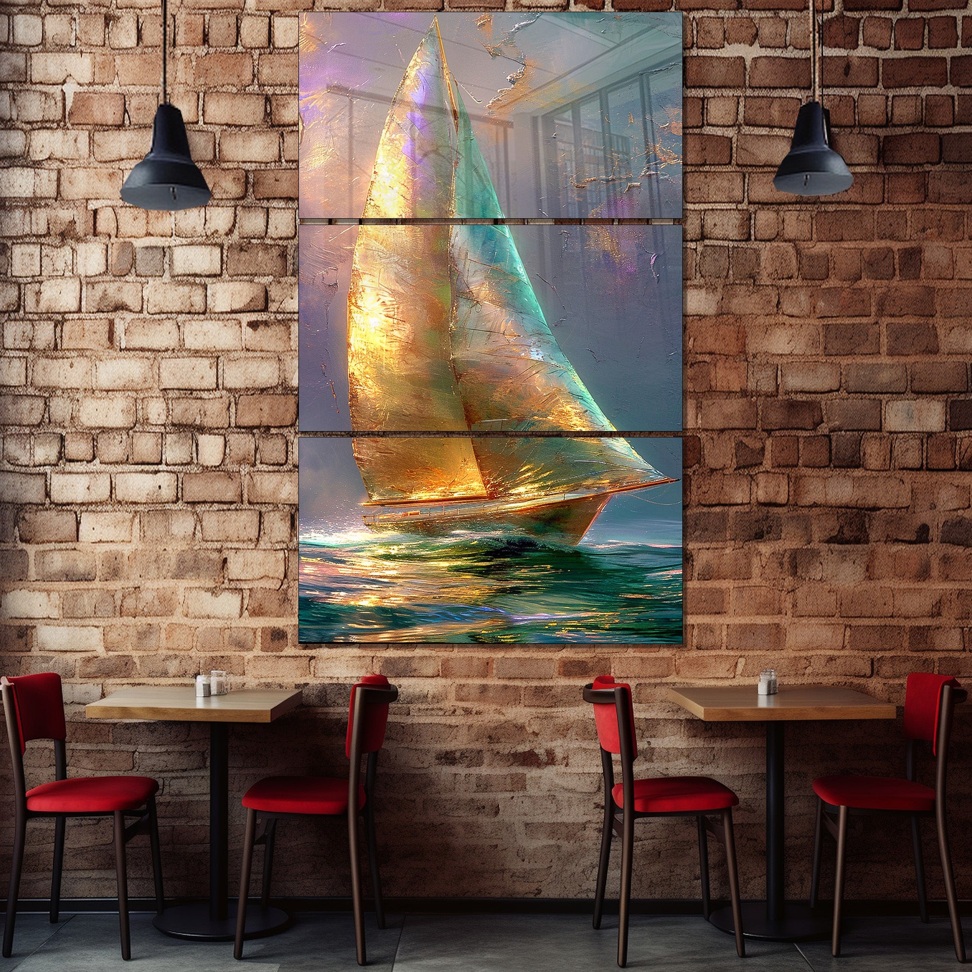 Temperli Cam Yelkenli Duvar Tablosu – Modern Deniz Temalı Dekor, Altın Işıltılı Soyut Deniz Manzarası